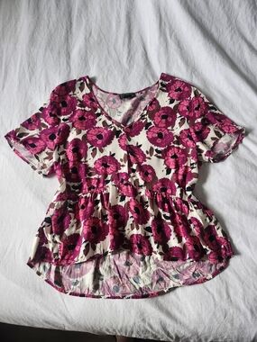 Frank & Oak Pink Floral Peplum V-Neck Blouse